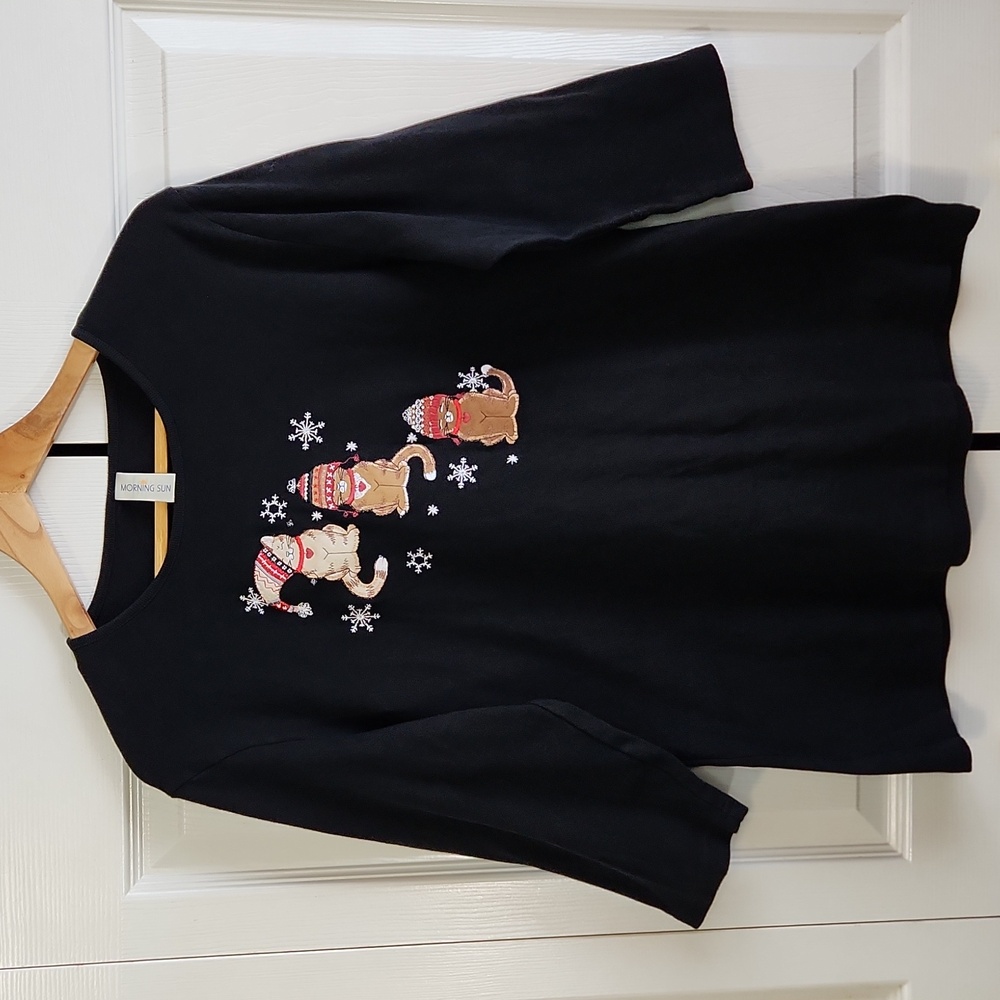 Morning Sun Womens Black 3/4‎ Sleeve Top Size LG Embroidered Cats Snowflakes